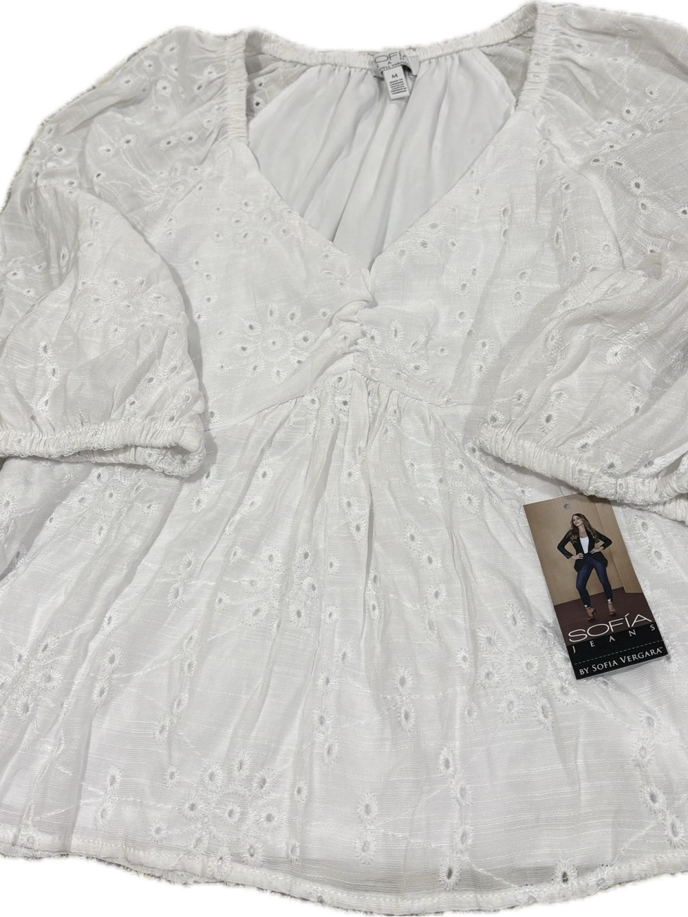 Sofia Jeans by Sofia Vergara Reese Top White Eyelet Size M NWT